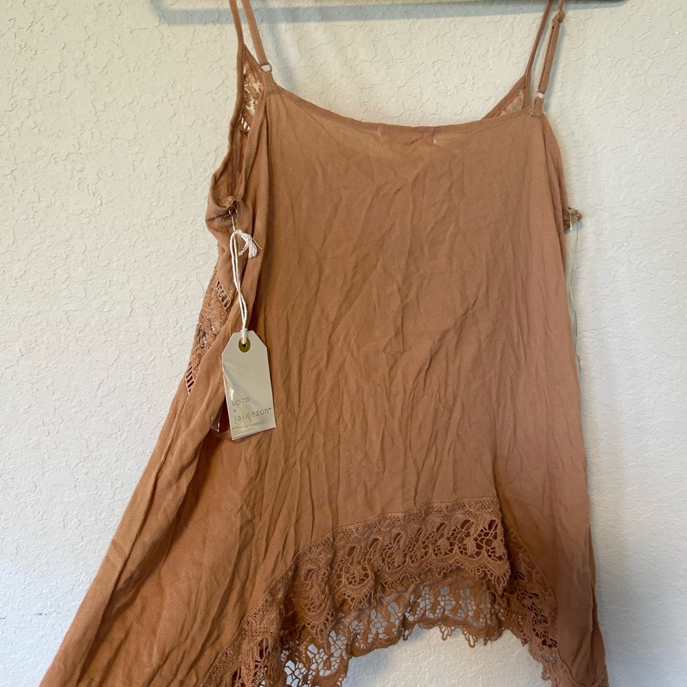 Brown Asymmetrical Crochet-Trim Spaghetti Strap Tank, Size M, Boho Fairy - Picture 6 of 7